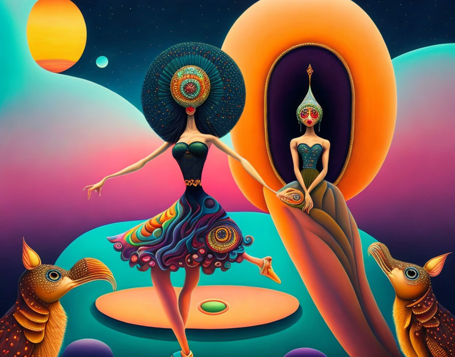 Colorful surreal landscape with stylized female figures and whimsical creatures