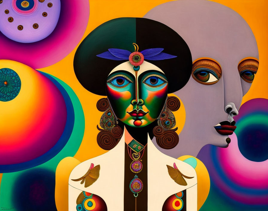 Colorful Surrealist Painting with Stylized Faces & Abstract Shapes