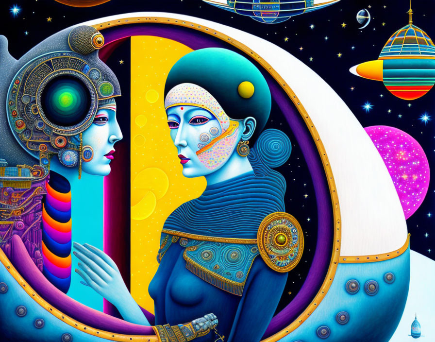 Vibrant digital artwork: cosmic figures in space.