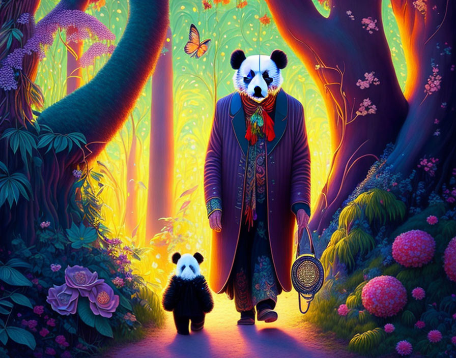 Panda and baby panda in human clothes in enchanted forest with glowing trees