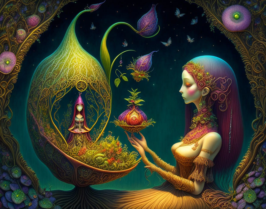 Surreal illustration of woman with elongated head and mystical fruit surrounded by fantastical plants