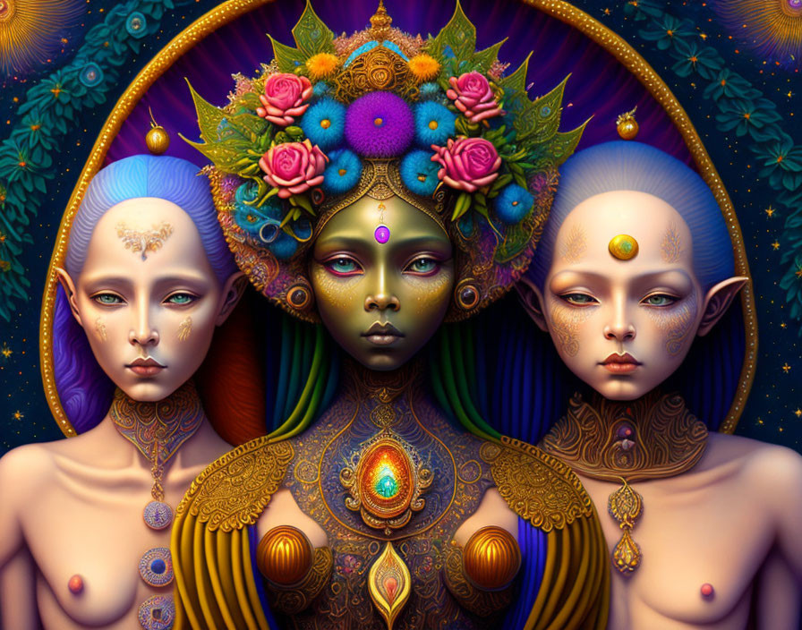 Elaborate headdresses and colorful skin tones of mystical beings