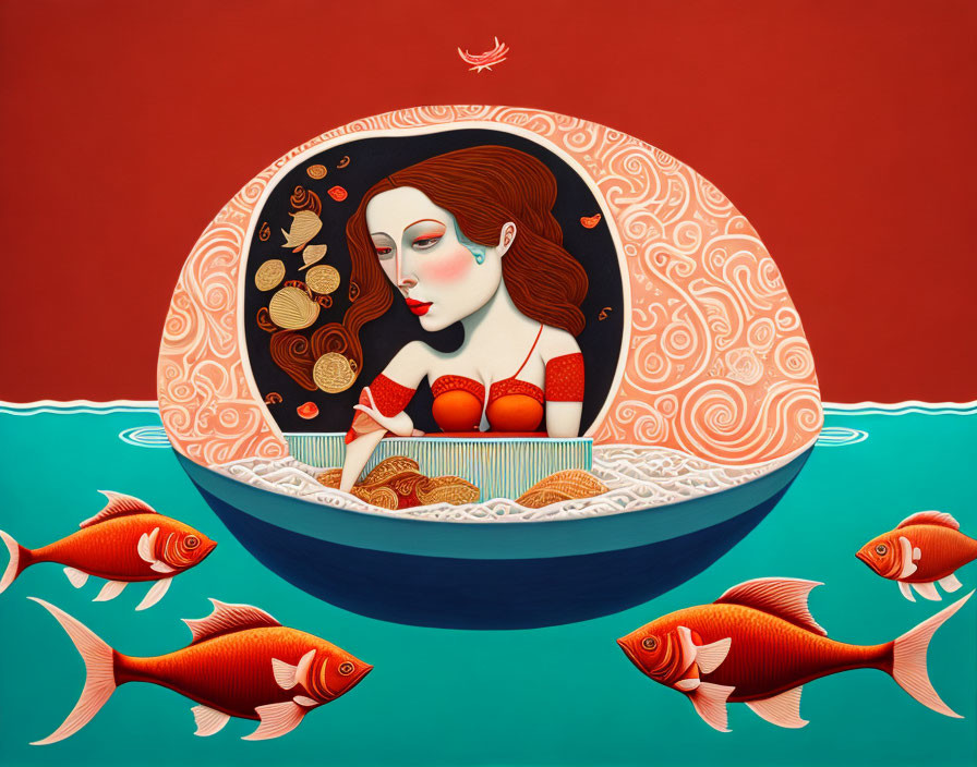 Illustration of woman with red hair in half-shell boat surrounded by golden fish on whimsical background.