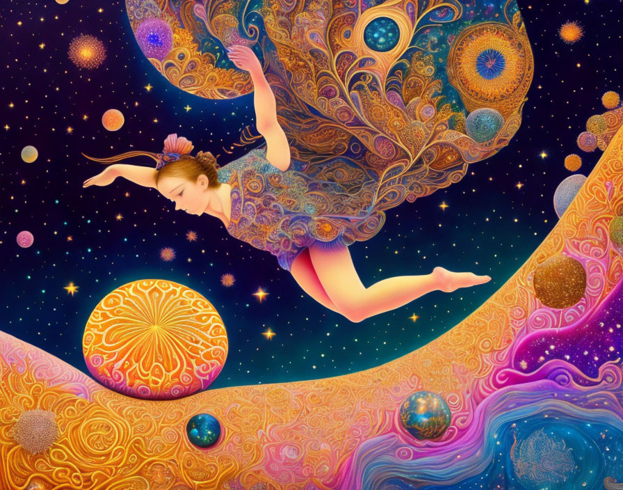 Whimsical painting of woman in vibrant cosmic space