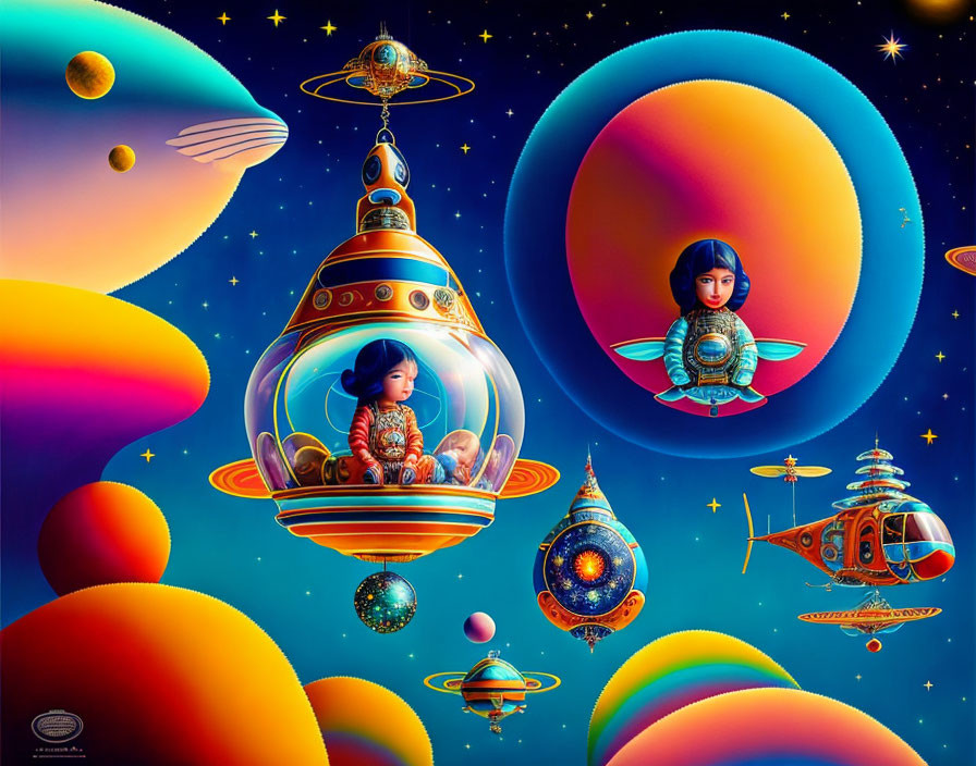 Colorful space scene with futuristic characters and whimsical spacecraft