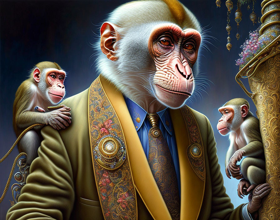 Three monkeys in human-like attire, central one in yellow suit