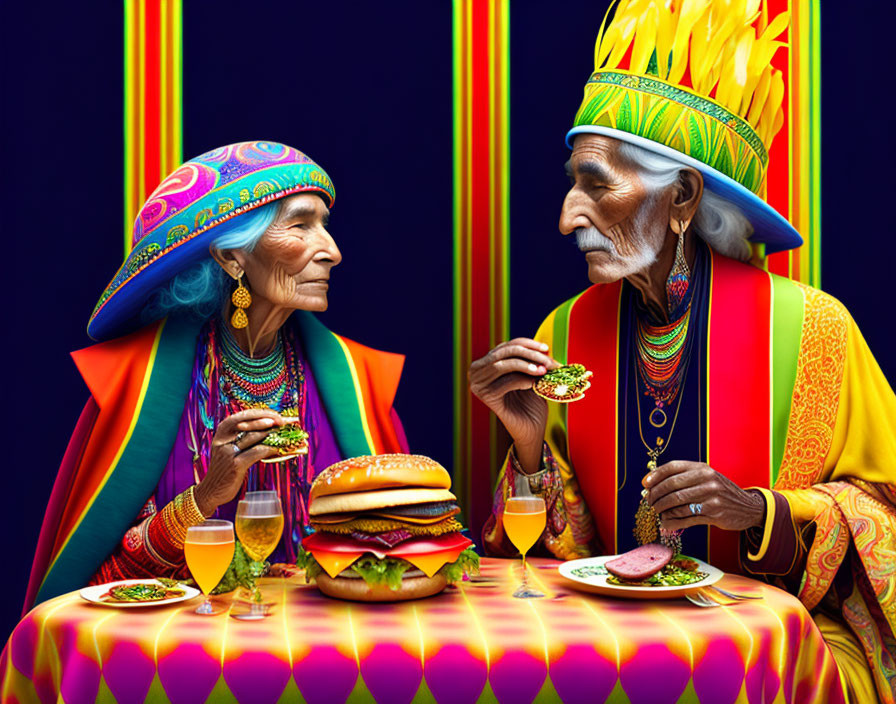 Elderly individuals in traditional attire dining with hamburgers