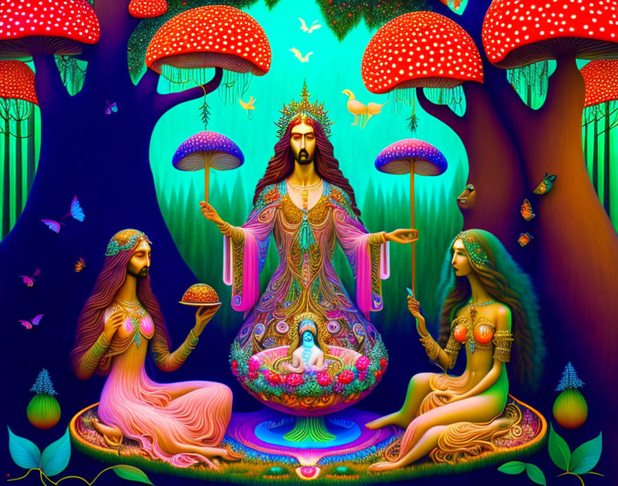 Colorful Psychedelic Artwork: Three Figures in Robes Surrounded by Nature Elements