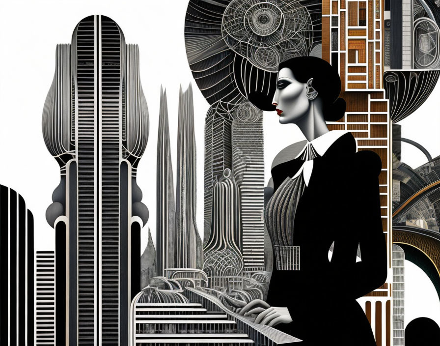 Stylized illustration of pale-skinned woman in black outfit with dark lips against monochromatic skys