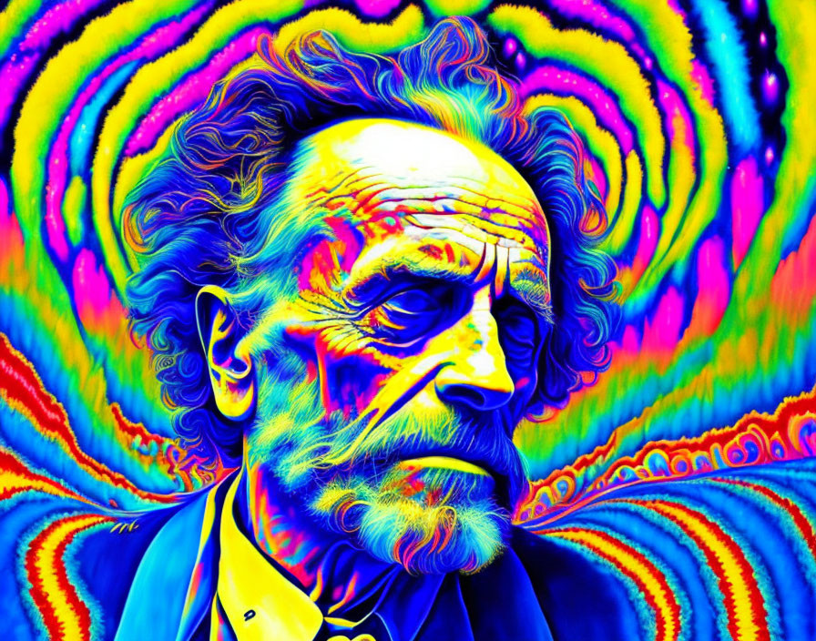 Colorful Psychedelic Portrait of Older Man with Intense Swirling Patterns