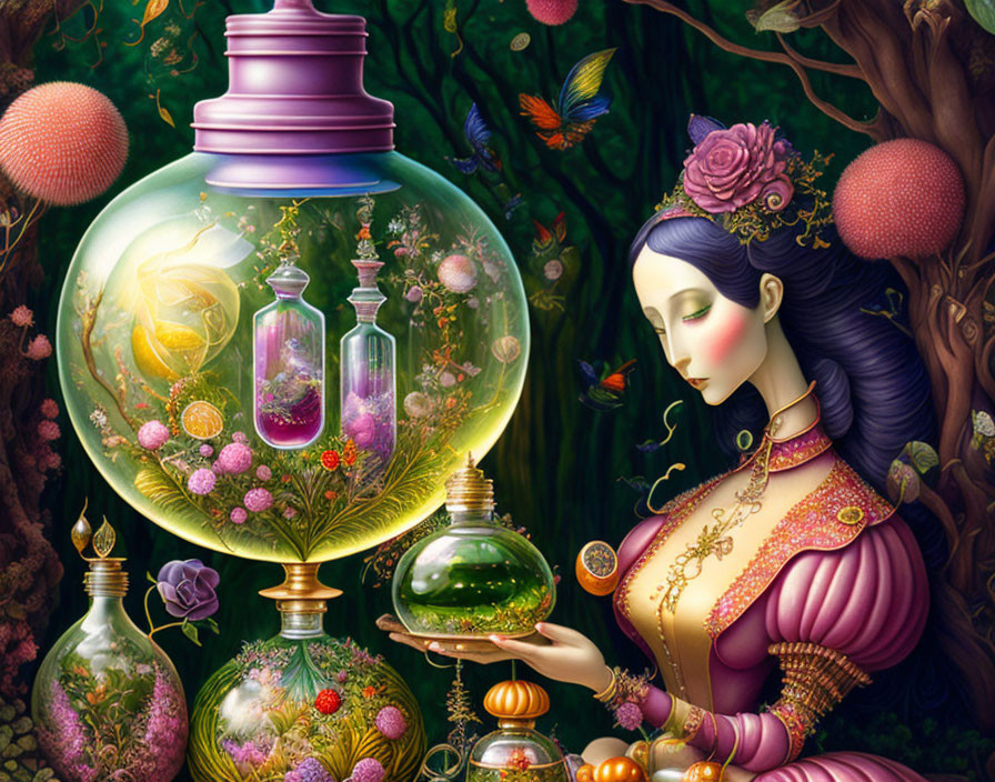 Victorian woman with globe garden and butterflies in lush setting