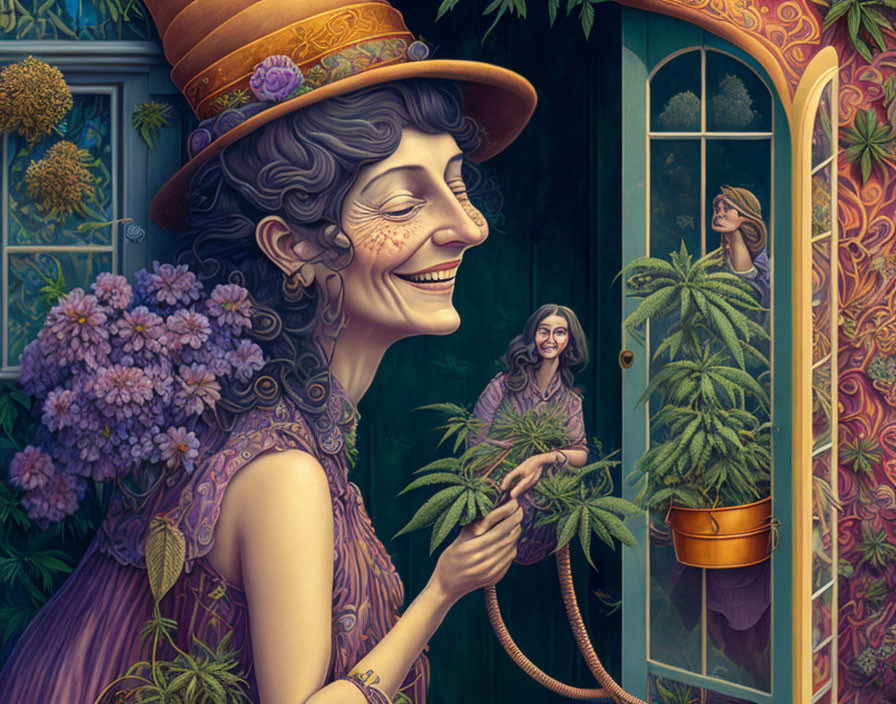 Smiling woman in hat watering plant with vibrant flowers and reflection in door window