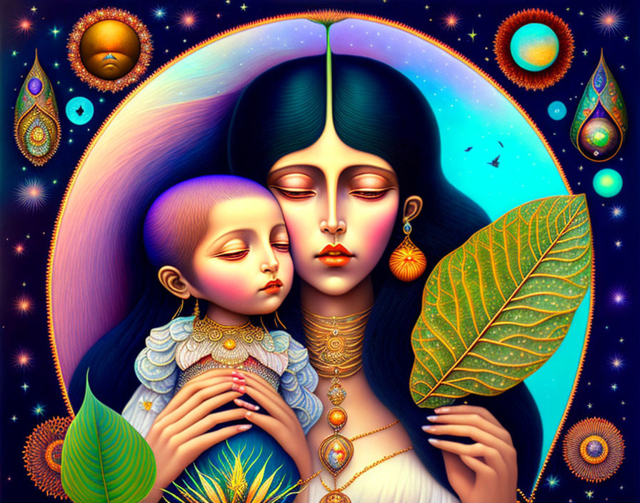 Illustration of woman holding sleeping child in cosmic setting