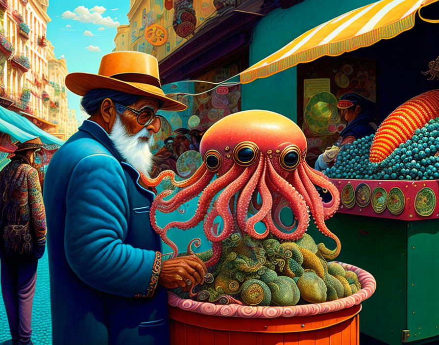 Bearded man and octopus with colorful fruit cart.