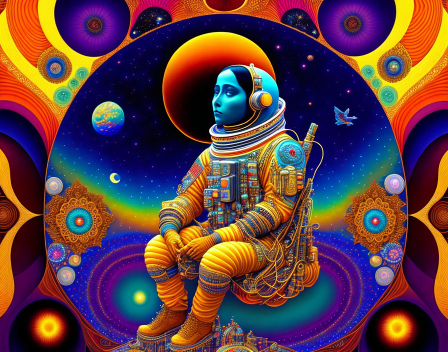 Vibrant astronaut in meditative pose with psychedelic cosmic backdrop