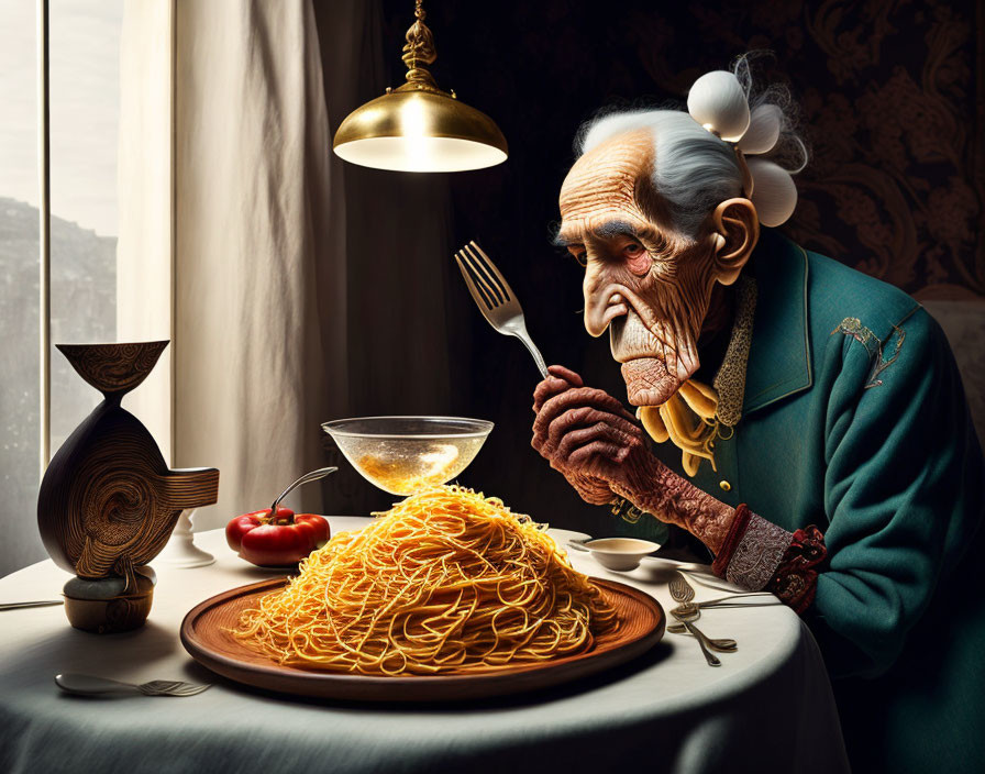 Elderly man with fork eyes huge plate of spaghetti and wine glass.