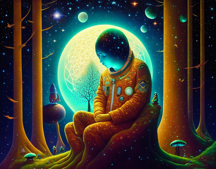 Astronaut in vibrant fantastical forest with glowing trees and alien creature