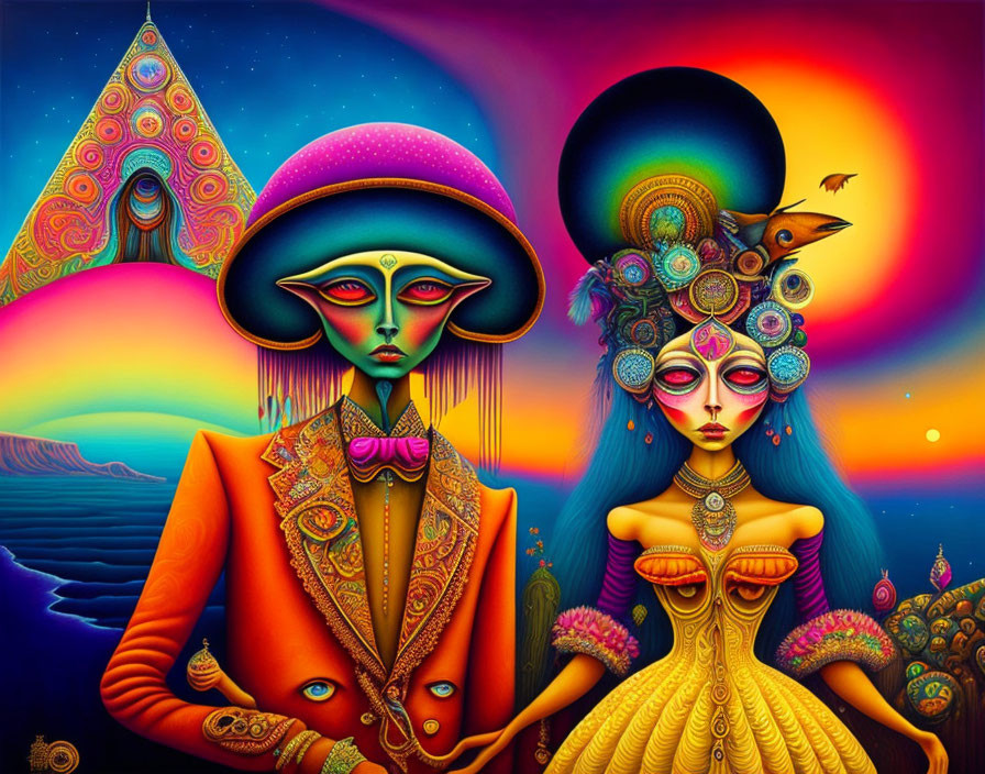 Colorful Psychedelic Artwork of Two Stylized Figures in Intricate Attire