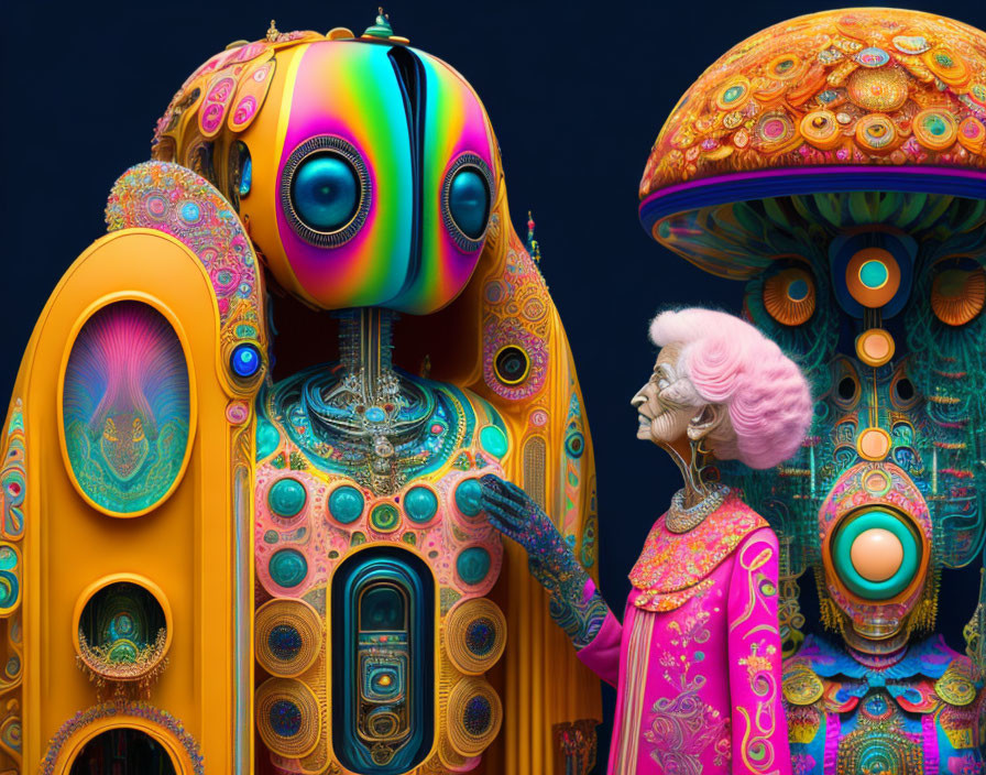 Colorful image: Elderly woman with pink hair and whimsical robot