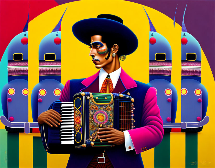 Colorful Suit Person Playing Accordion in Stylized Painting