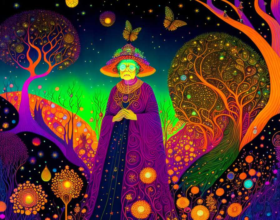 Colorful Elderly Figure in Purple Robe Surrounded by Whimsical Trees and Butterflies