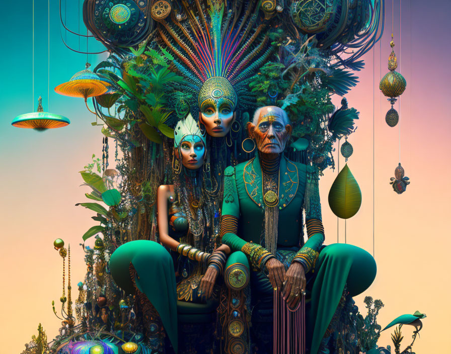 Elaborate headdresses on fantasy tribal characters amidst ornate jewelry and alien-like flora