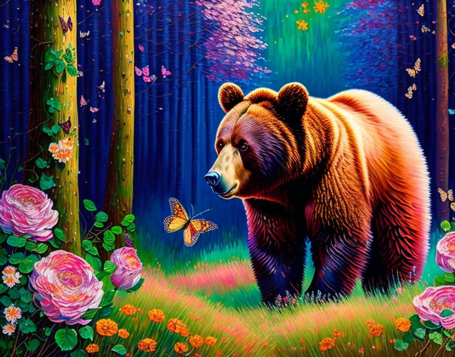 Colorful painting of bear in vibrant forest with butterfly, pink flowers, and tall blue trees