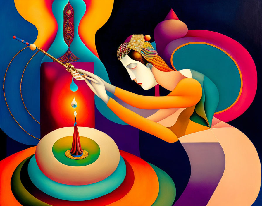 Colorful Surrealist Painting: Female Figure Lighting Candle