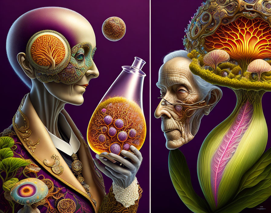 Digital artwork featuring two individuals with surreal inner workings holding a flask against a purple backdrop