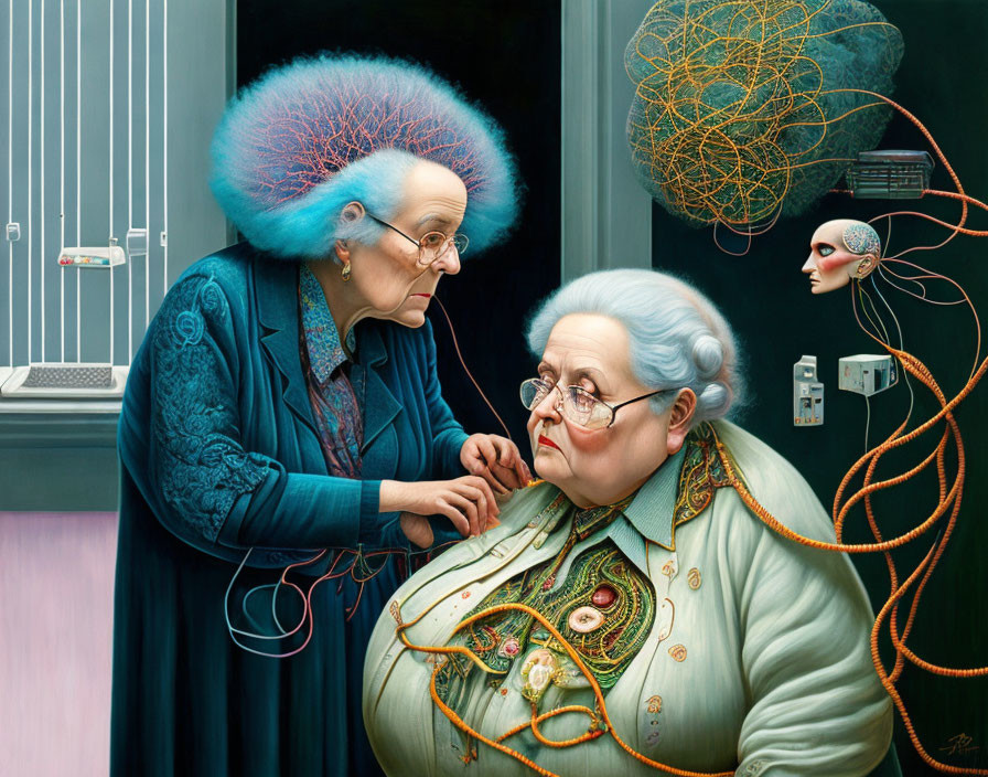 Elderly women with colorful tree-like hair and surreal face in tech setting