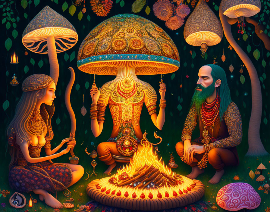 Detailed Artwork: Two Figures in Mystical Forest with Giant Mushroom and Bonfire