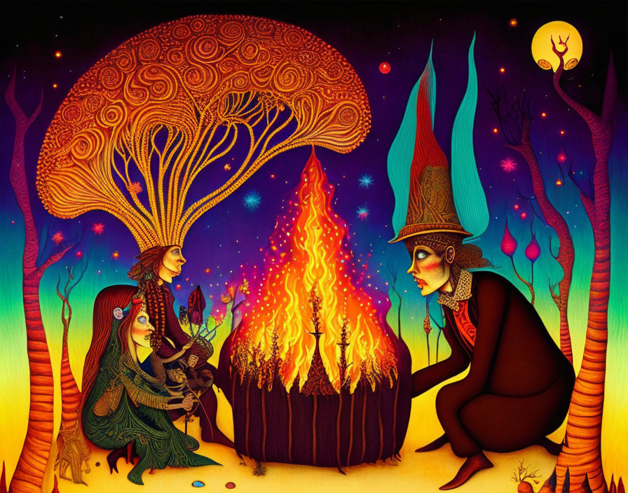 Colorful Psychedelic Illustration of Two Figures by Cauldron Under Tree