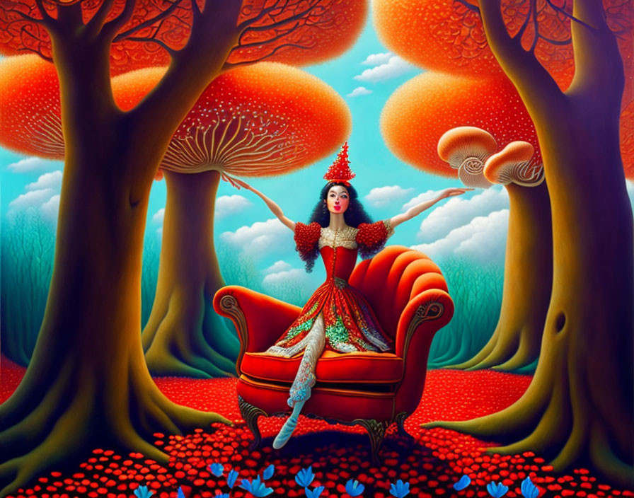 Colorful painting of woman in red dress in mushroom forest