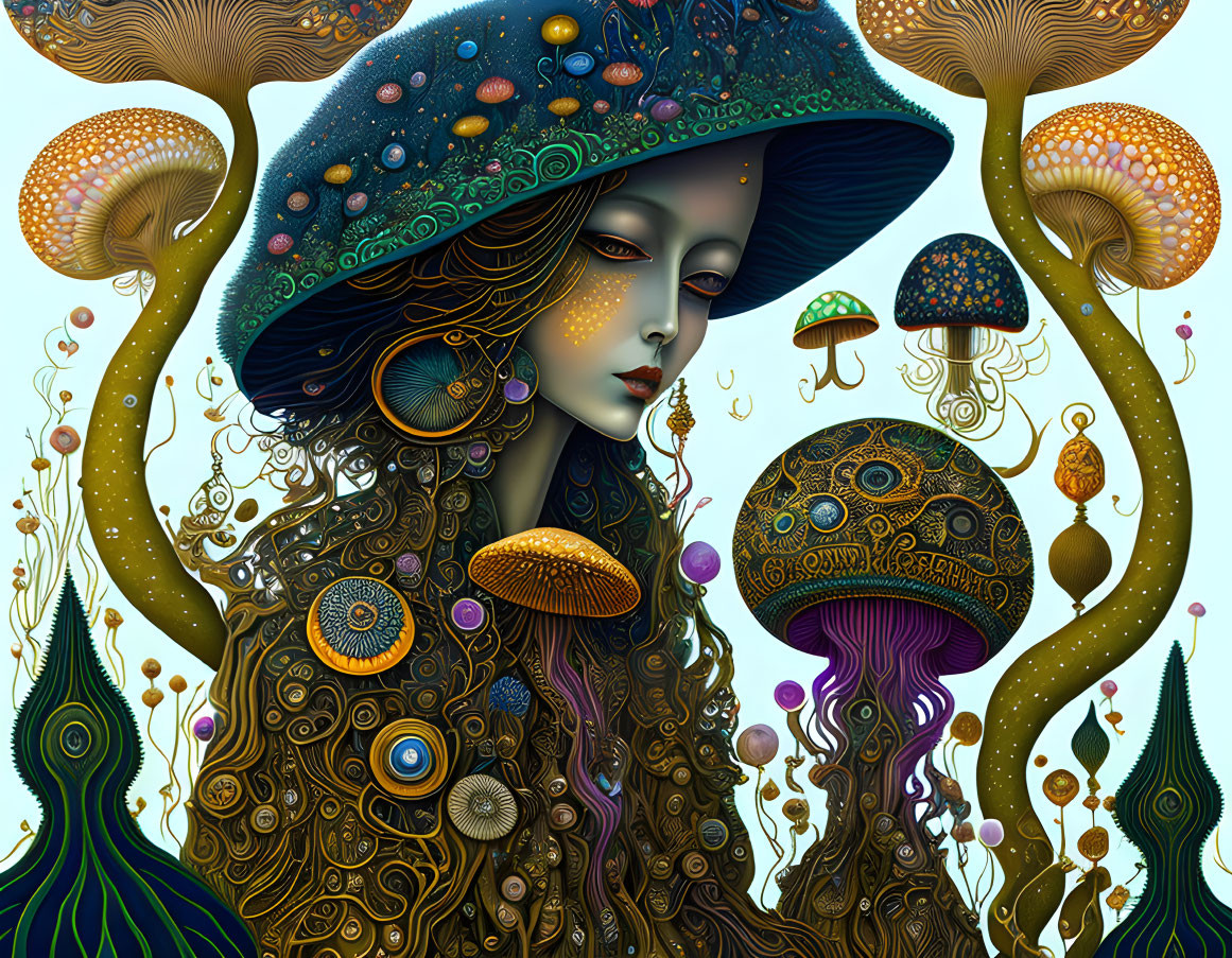 Colorful illustration of whimsical female figure with mushroom cap headwear and stylized plant life