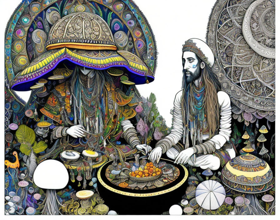 Colorful artwork of two figures in intricate attire in a psychedelic setting