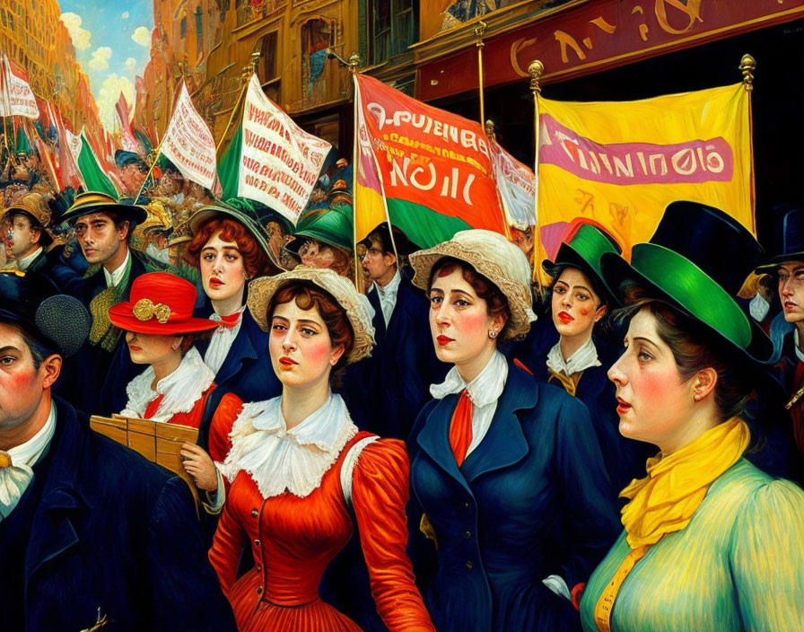 Historical street protest painting with vibrant colors and Edwardian women.