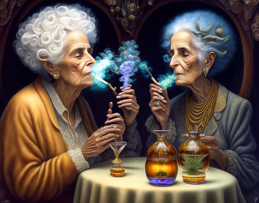 Elderly women in elegant attire smoking colorful pipes at table.