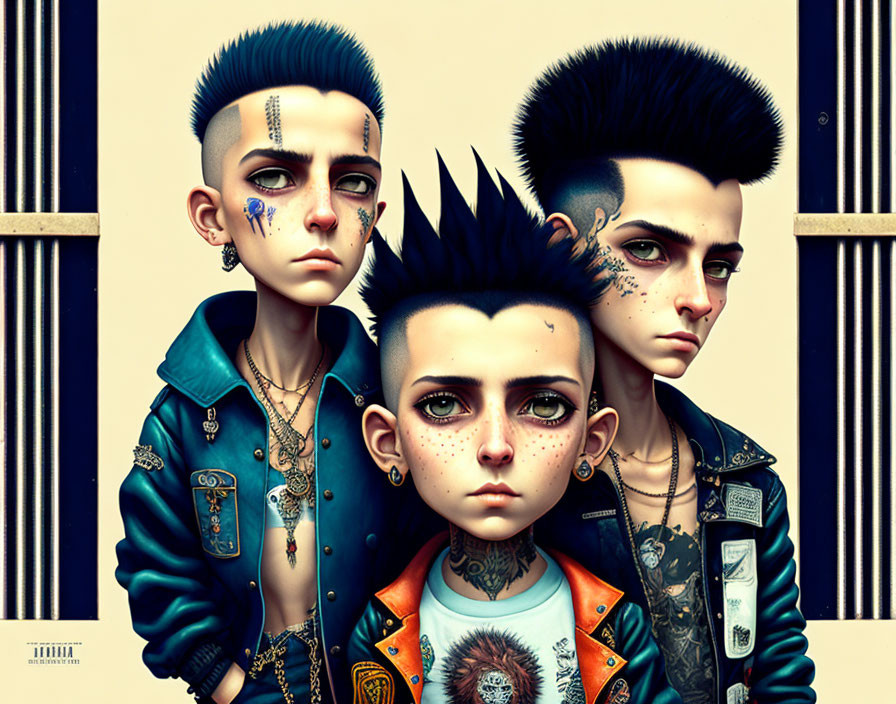 Animated punk style characters with mohawks and tattoos in denim and leather jackets.