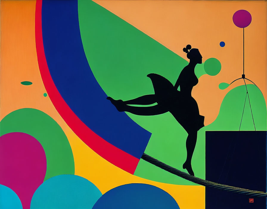 Silhouette of tightrope walker against vibrant abstract background