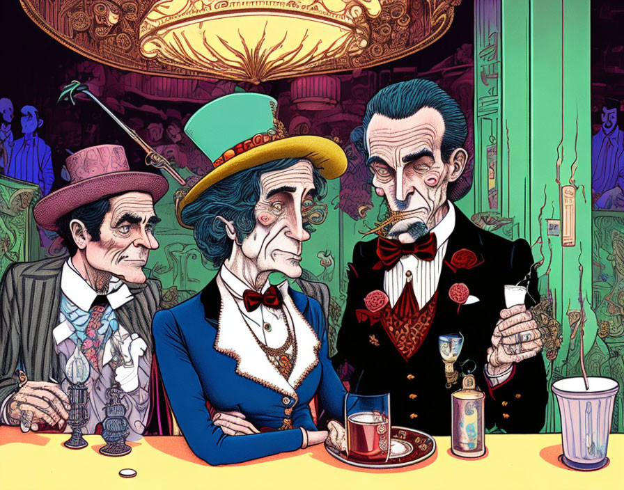 Vibrant caricature of three Victorian men at bar with exaggerated features