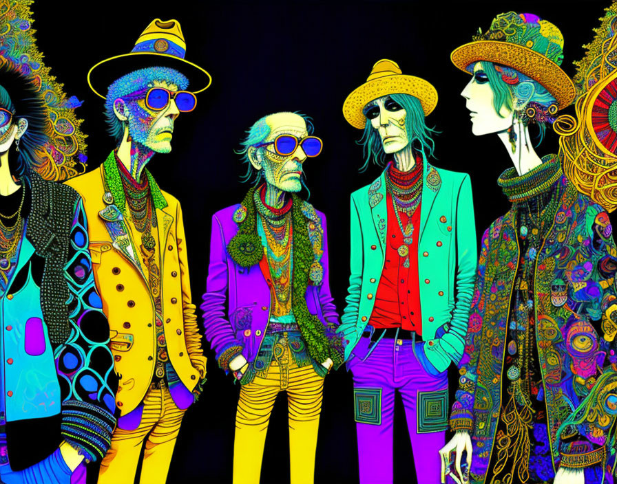 Colorful Fashion Illustration of Four Stylish Figures in Elaborate Outfits