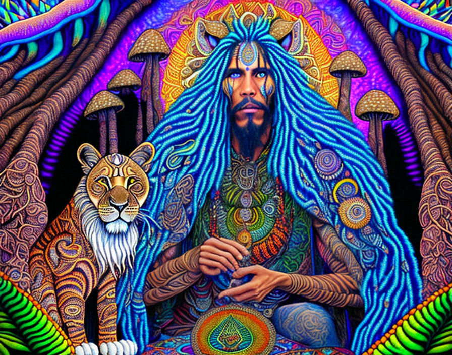 Colorful Psychedelic Art: Person with Blue Dreadlocks, Tribal Patterns, Tiger, Mushrooms