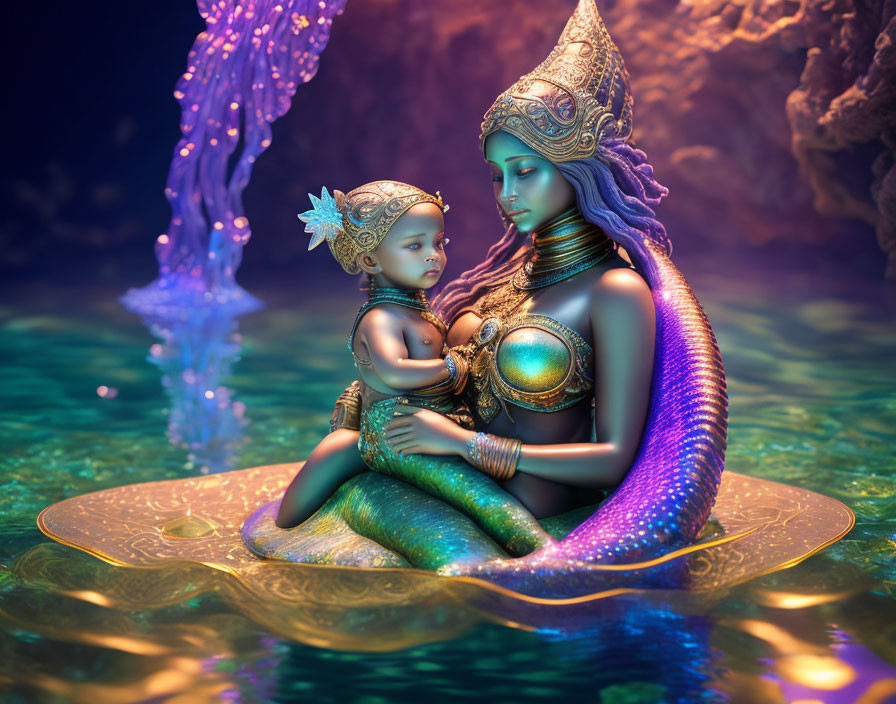 Blue-skinned mermaid mother holding child on lily pad in underwater scene