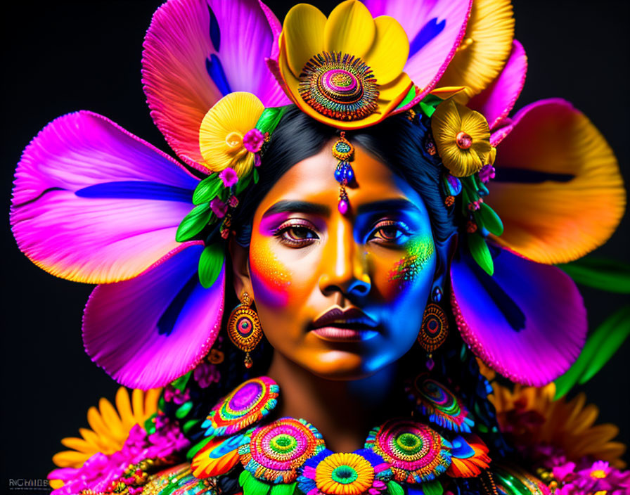 Colorful Flower Headdress Woman with Vivid Makeup on Black Background