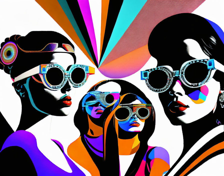 Four Stylized Women in Vibrant Geometric Backgrounds and Unique Sunglasses