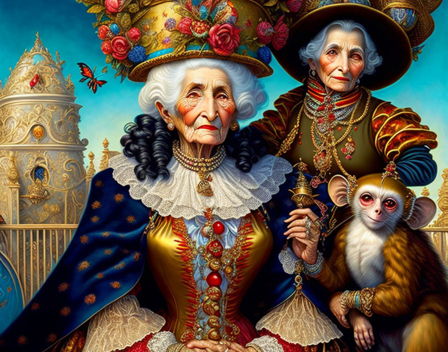 Elderly Women in Extravagant Hats and Gowns with Lemur in Ornate Tower