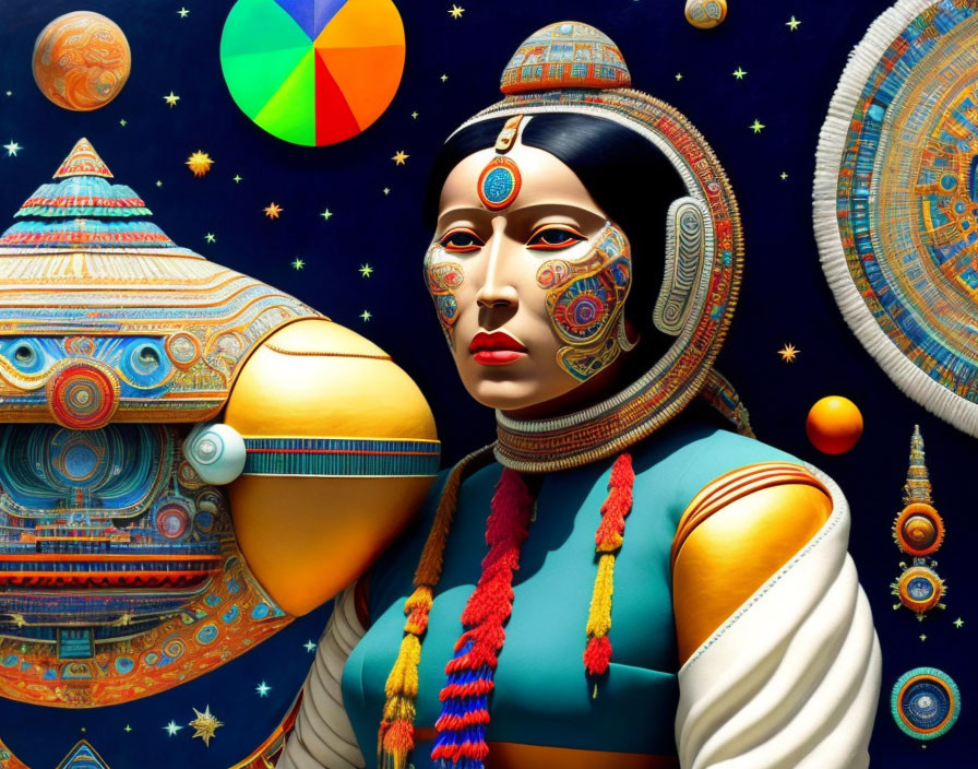 Digital artwork of woman with traditional features and cosmic elements