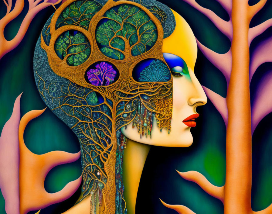 Illustration of woman with tree-like hair in vibrant colors