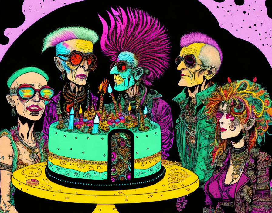 Colorful Punk Skeletons Celebrating with Cake on Cosmic Background