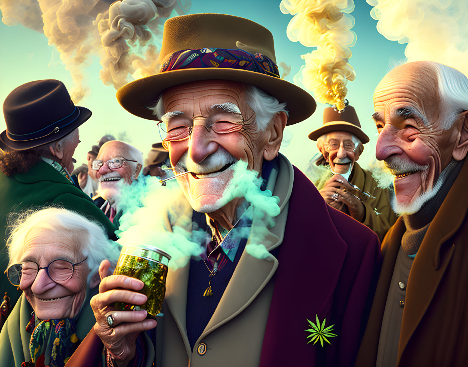 Elderly group enjoying outdoors with smoking man and woman holding beer